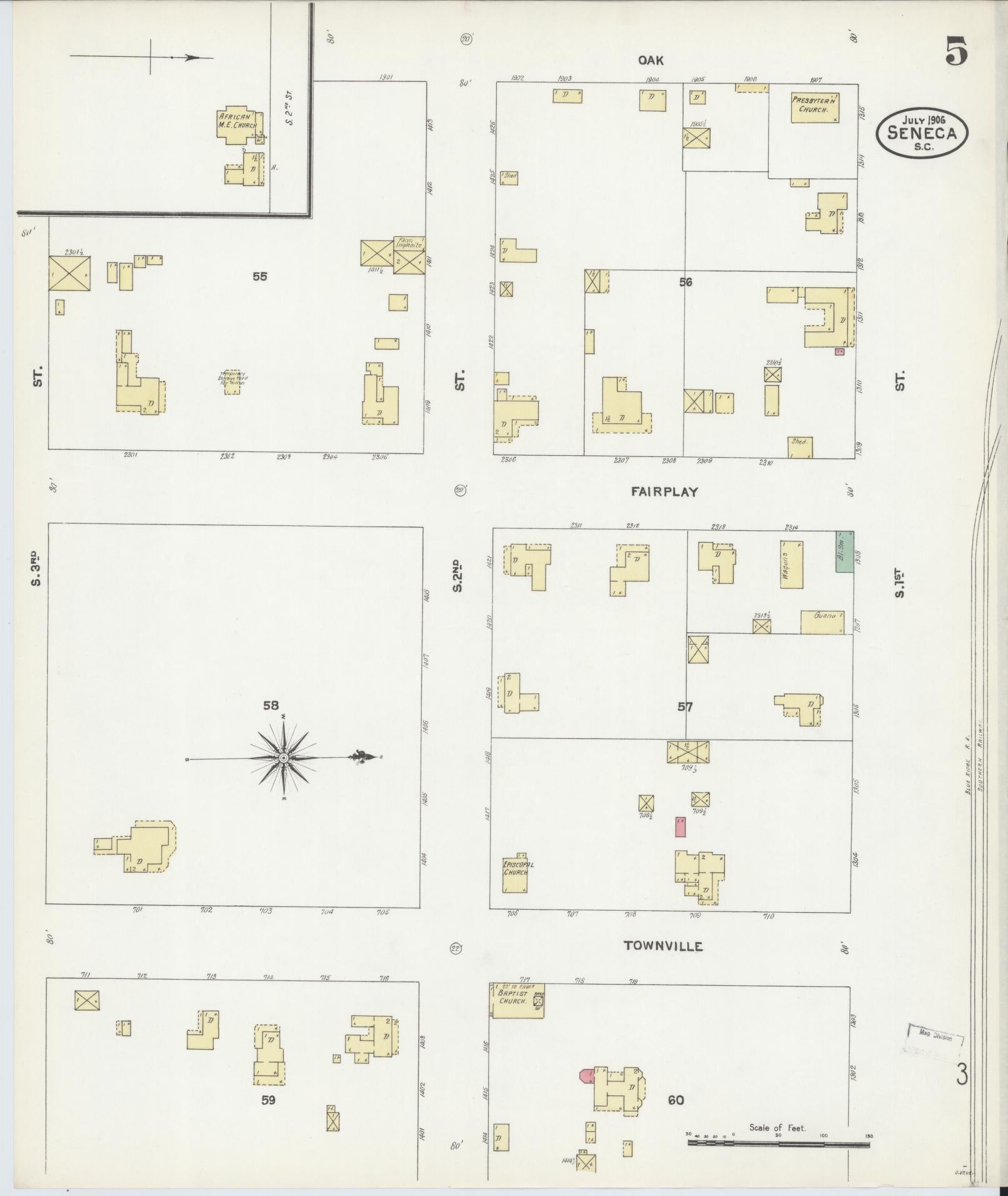 Sanborn Fire Insurance Map from Seneca, Oconee County, South Carolina (1906), Sheet #0005 - Complete Map Set gallery image, historic Sanborn map, vintage wall art, South Carolina South Carolina