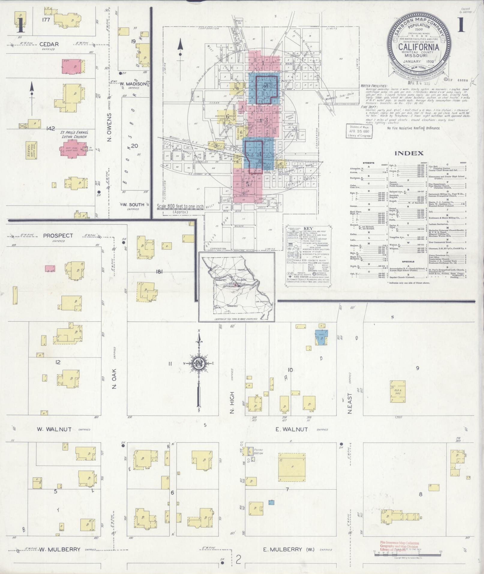 Sanborn Fire Insurance Map from California, Moniteau County, Missouri (1930), Sheet #0001 - Complete Map Set gallery image, historic Sanborn map, vintage wall art, Missouri Missouri