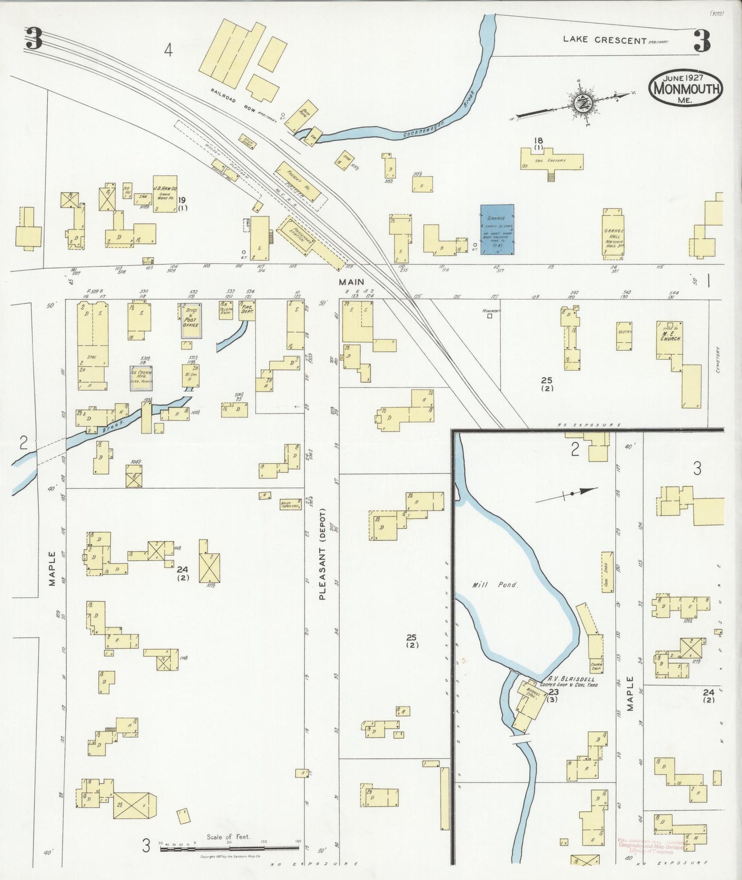 Sanborn Fire Insurance Map from Monmouth, Kennebec County, Maine (1927), Sheet #0003 - Complete Map Set gallery image, historic Sanborn map, vintage wall art, Maine Maine