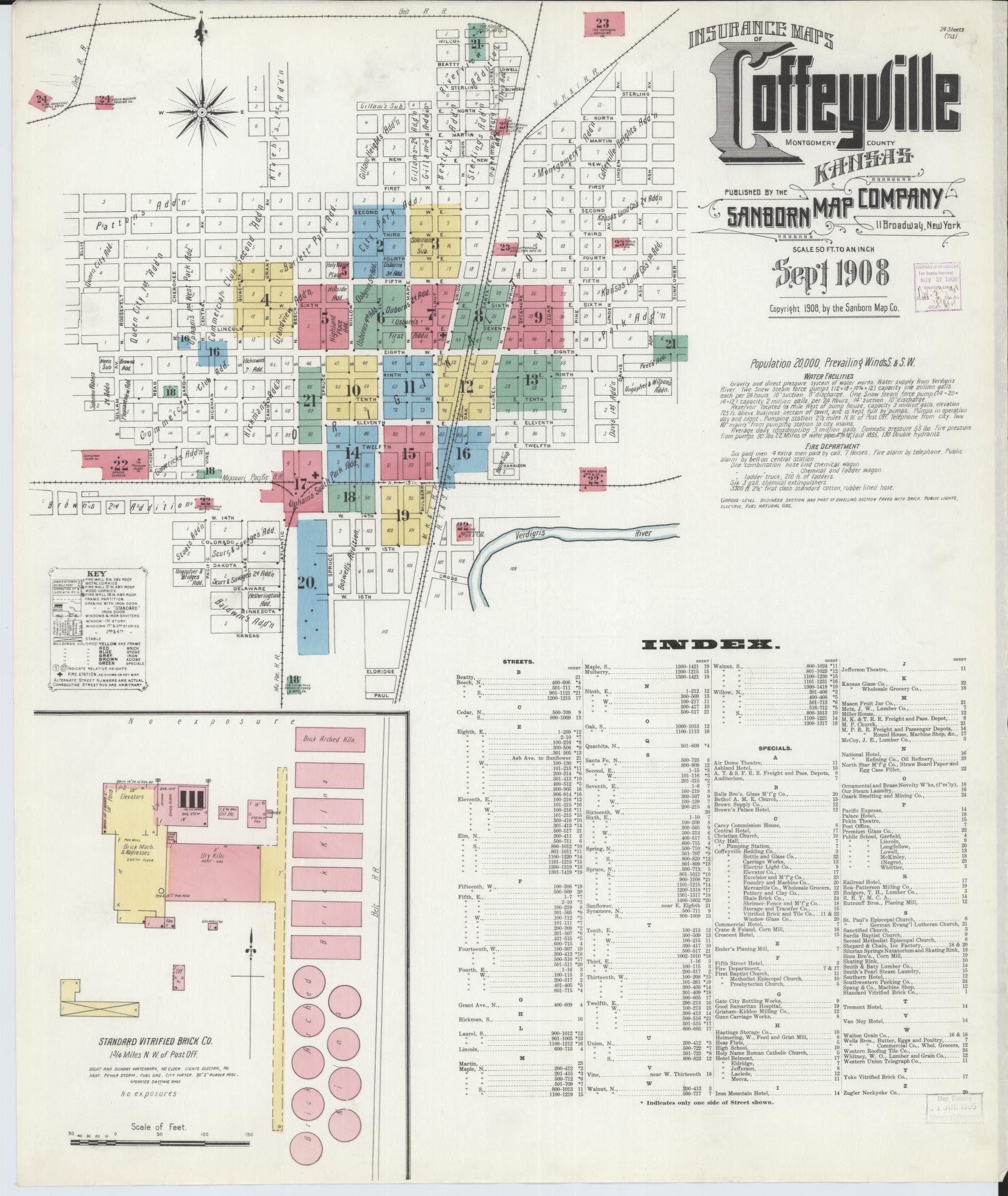 Sanborn Fire Insurance Map from Coffeyville, Montgomery County, Kansas (1908), Sheet #0001 - Complete Map Set gallery image, historic Sanborn map, vintage wall art, Kansas Kansas