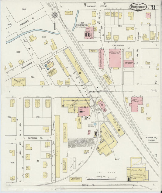 Sanborn Fire Insurance Map from Humboldt, Gibson County, Tennessee (1915), Sheet #0008 - Historic Sanborn Fire Insurance Map Print, vintage old map wall art, antique decor, genealogy gift, Tennessee Tennessee map