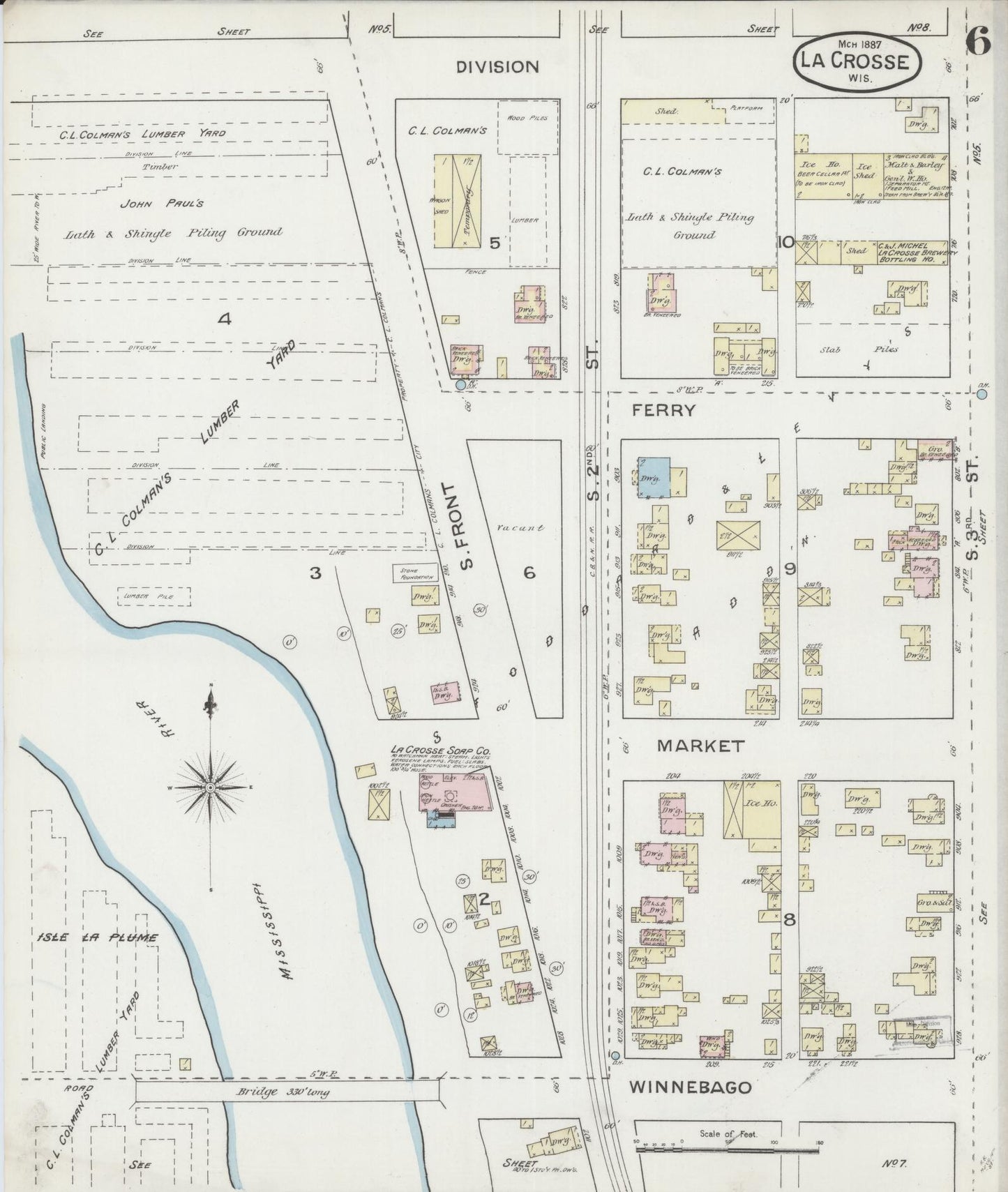 Sanborn Fire Insurance Map from La Crosse, La Crosse County, Wisconsin (1887), Sheet #0006 - Historic Sanborn Fire Insurance Map Print, vintage old map wall art, antique decor, genealogy gift, Wisconsin Wisconsin map