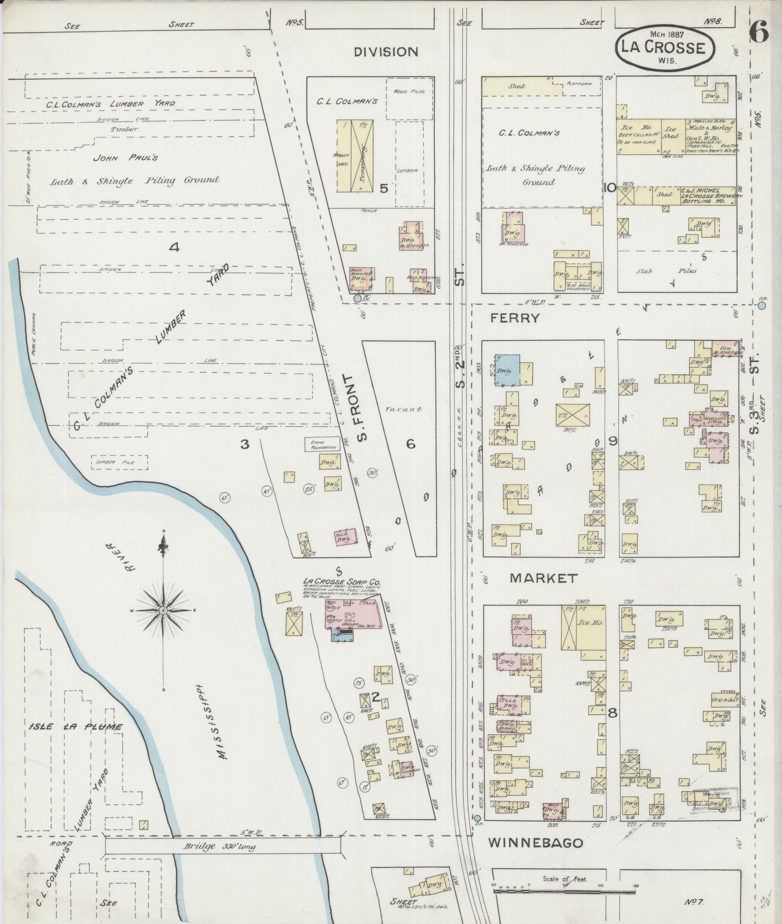 Sanborn Fire Insurance Map from La Crosse, La Crosse County, Wisconsin (1887), Sheet #0006 - Historic Sanborn Fire Insurance Map Print, vintage old map wall art, antique decor, genealogy gift, Wisconsin Wisconsin map
