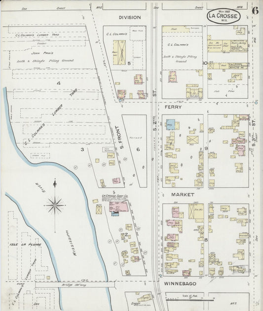 Sanborn Fire Insurance Map from La Crosse, La Crosse County, Wisconsin (1887), Sheet #0006 - Historic Sanborn Fire Insurance Map Print, vintage old map wall art, antique decor, genealogy gift, Wisconsin Wisconsin map