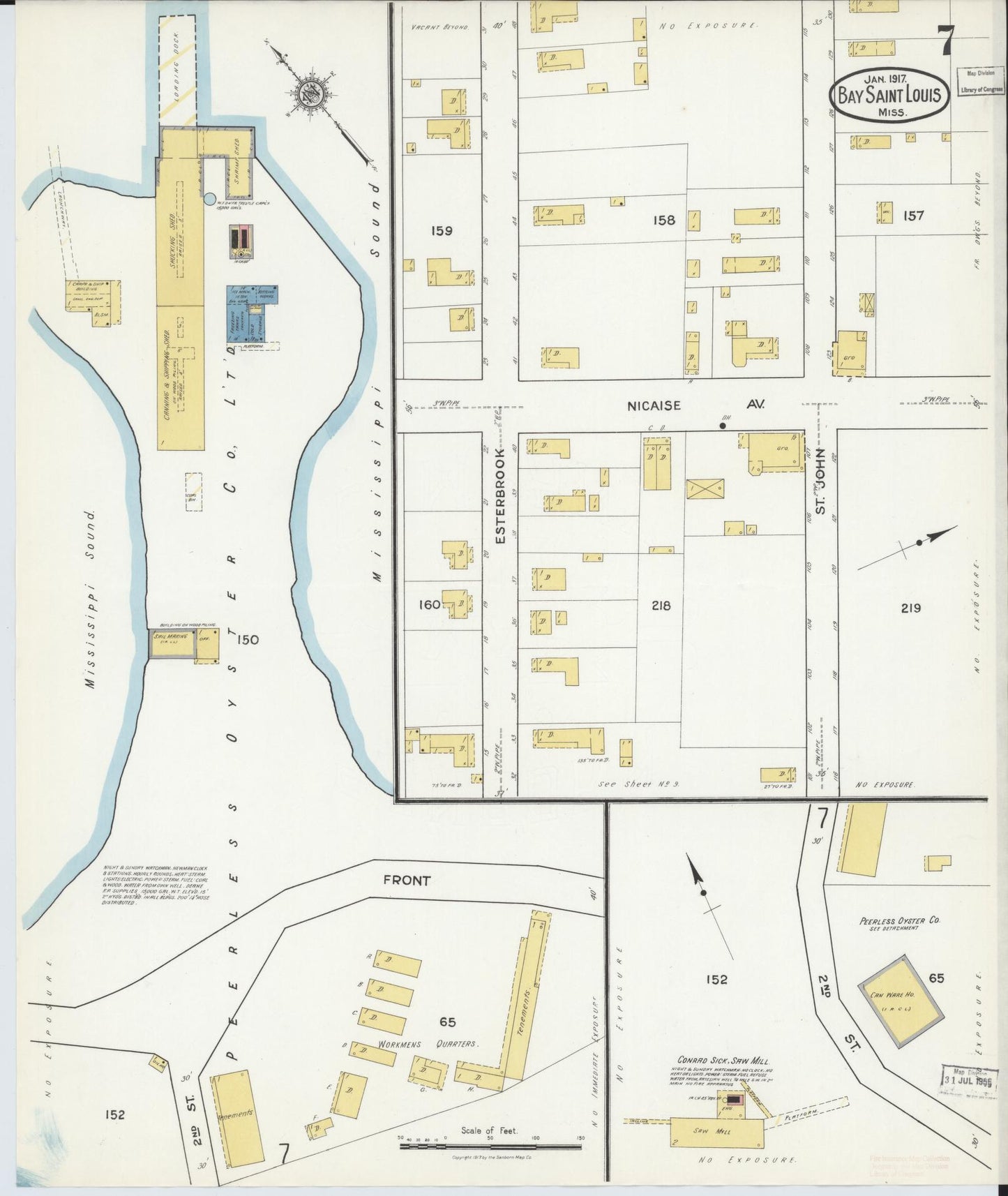 Sanborn Fire Insurance Map from Bay Saint Louis, Hancock County, Mississippi (1917), Sheet #0007 - Complete Map Set gallery image, historic Sanborn map, vintage wall art, Mississippi Mississippi