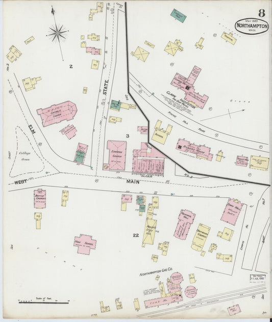 Sanborn Fire Insurance Map from Northampton, Hampshire County, Massachusetts (1889), Sheet #0008 - Historic Sanborn Fire Insurance Map Print, vintage old map wall art, antique decor, genealogy gift, Massachusetts Massachusetts map
