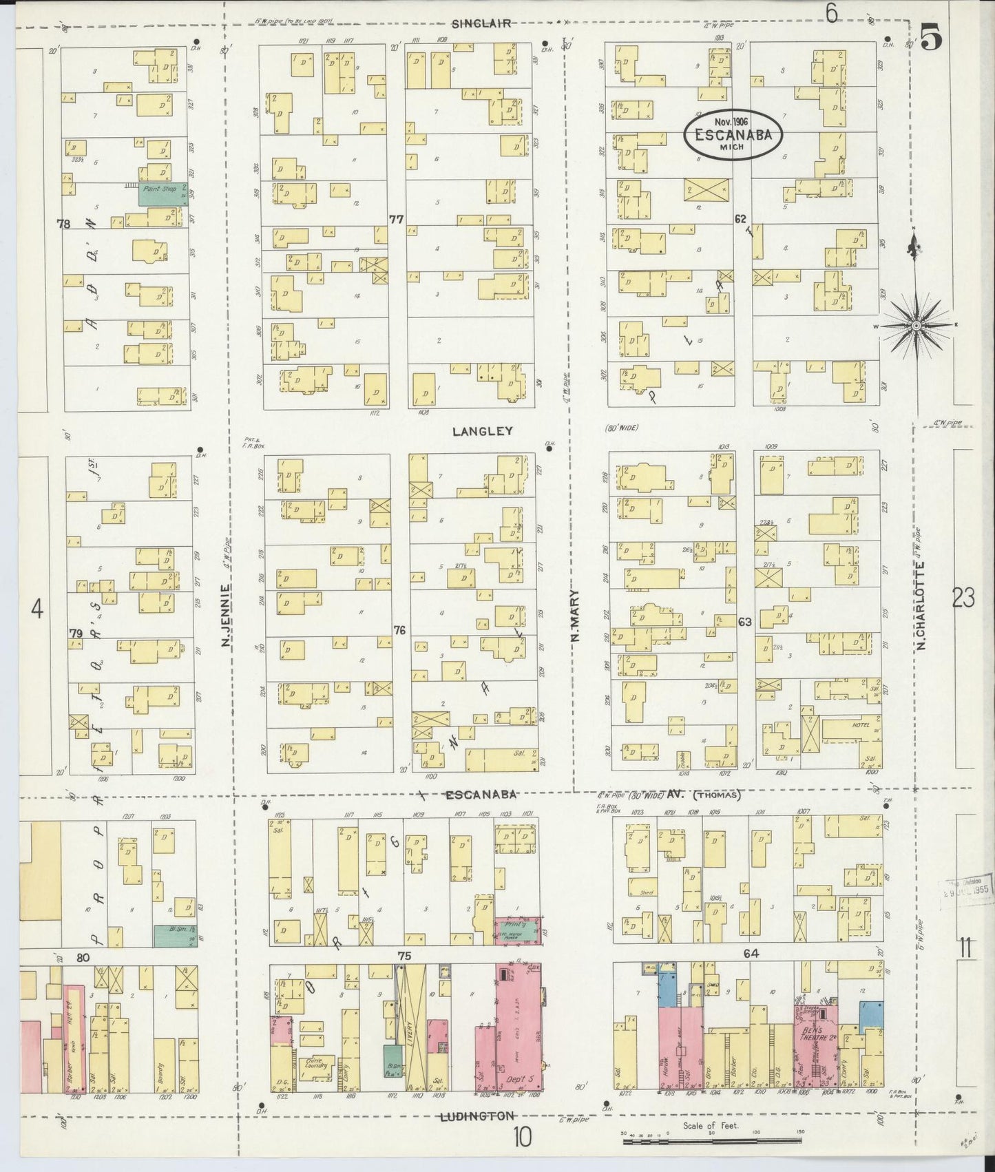 Sanborn Fire Insurance Map from Escanaba, Delta County, Michigan (1906), Sheet #0005 - Complete Map Set gallery image, historic Sanborn map, vintage wall art, Michigan Michigan