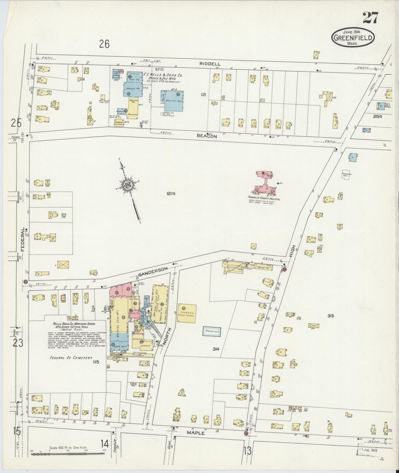 Sanborn Fire Insurance Map from Greenfield, Franklin County, Massachusetts (1914), Sheet #0027 - Complete Map Set gallery image, historic Sanborn map, vintage wall art, Massachusetts Massachusetts