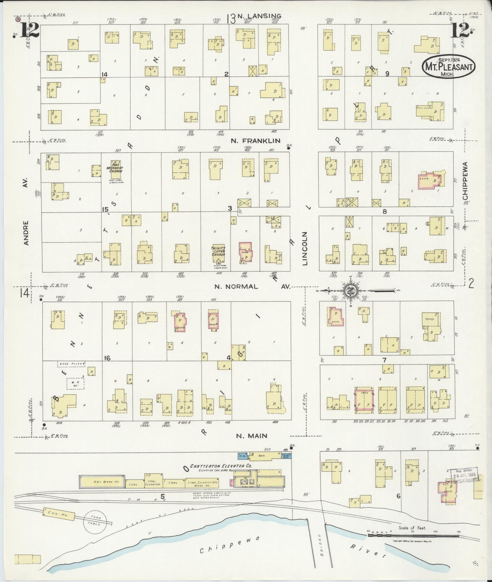 Sanborn Fire Insurance Map from Mount Pleasant, Isabella County, Michigan (1924), Sheet #0012 - Complete Map Set gallery image, historic Sanborn map, vintage wall art, Michigan Michigan