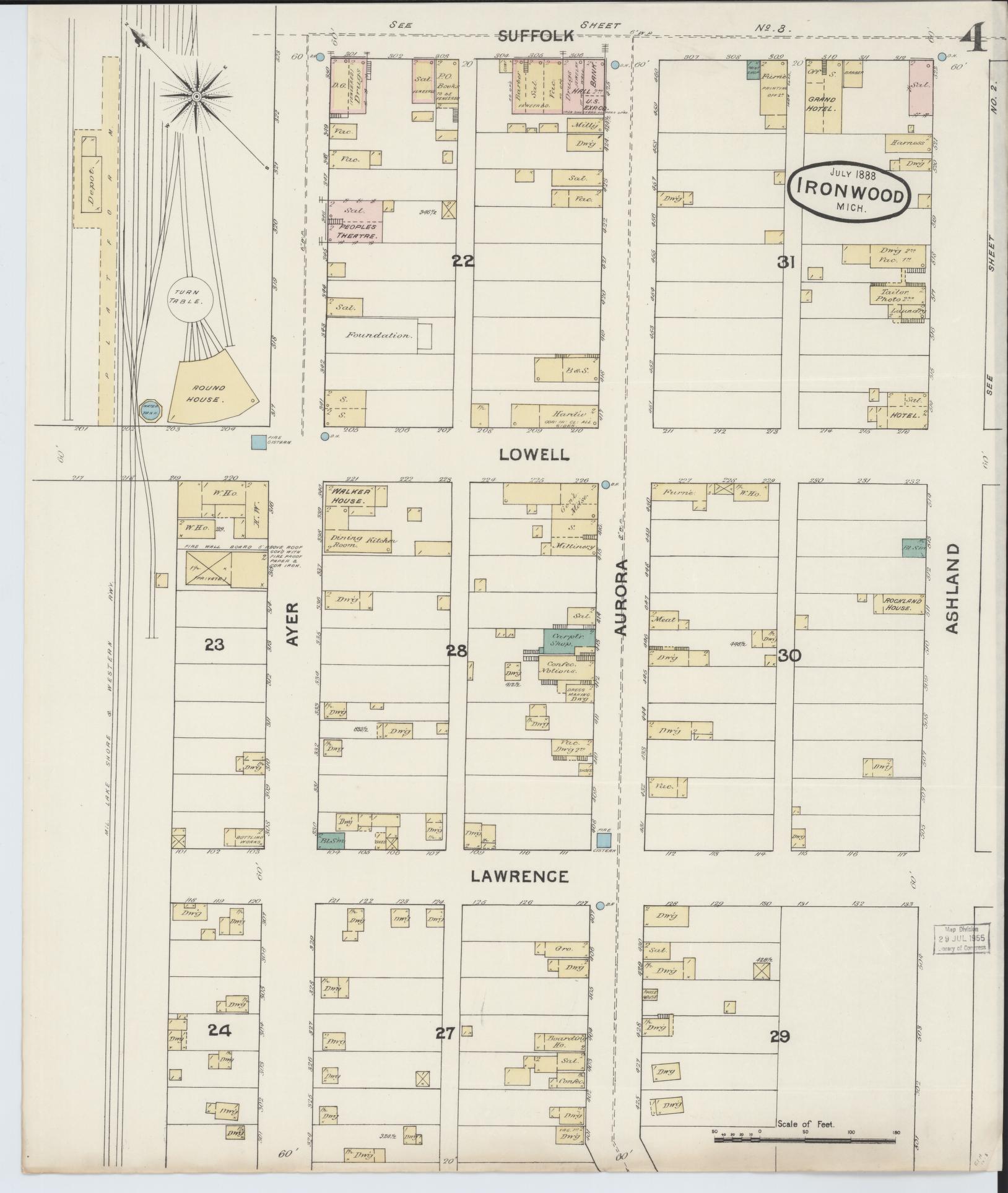 Sanborn Fire Insurance Map from Ironwood, Gogebic County, Michigan (1888), Sheet #0004 - Complete Map Set gallery image, historic Sanborn map, vintage wall art, Michigan Michigan