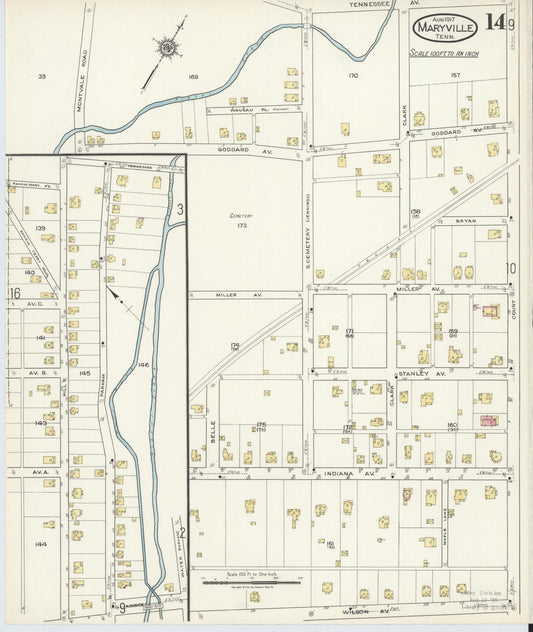 Sanborn Fire Insurance Map from Maryville, Blount County, Tennessee (1917), Sheet #0014 - Historic Sanborn Fire Insurance Map Print, vintage old map wall art, antique decor, genealogy gift, Tennessee Tennessee map
