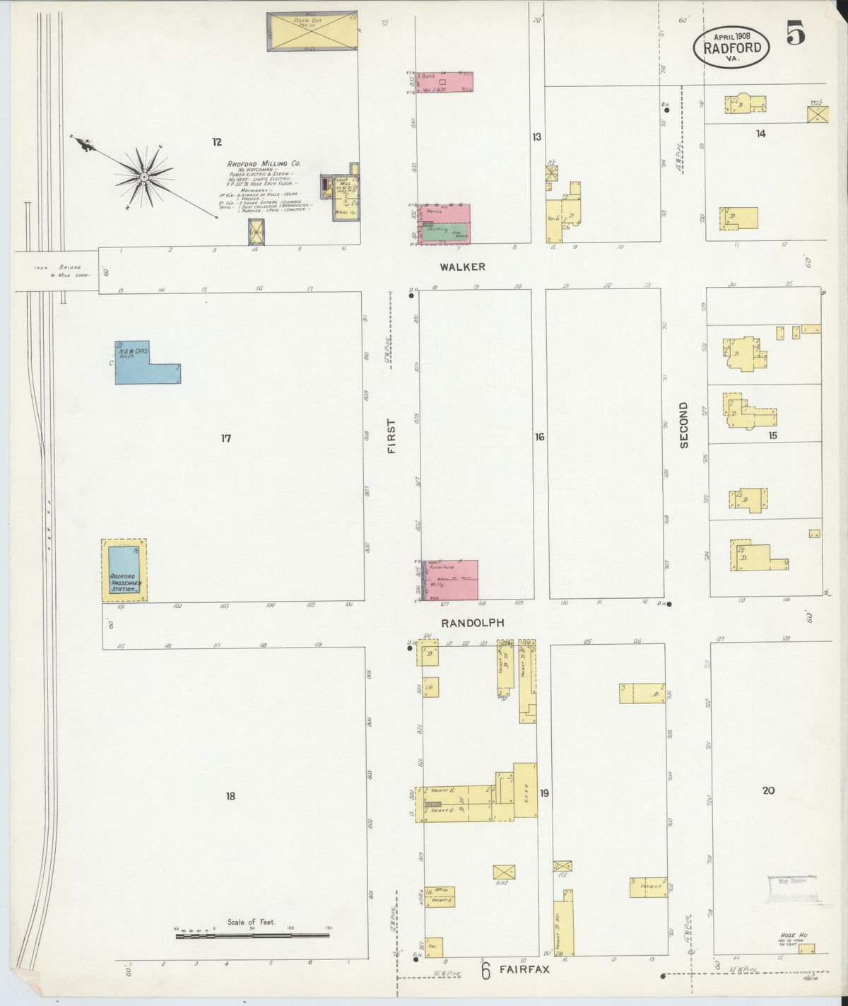 Sanborn Fire Insurance Map from Radford, Independent Cities, Virginia (1908), Sheet #0005 - Historic Sanborn Fire Insurance Map Print, vintage old map wall art, antique decor, genealogy gift, Virginia Virginia map