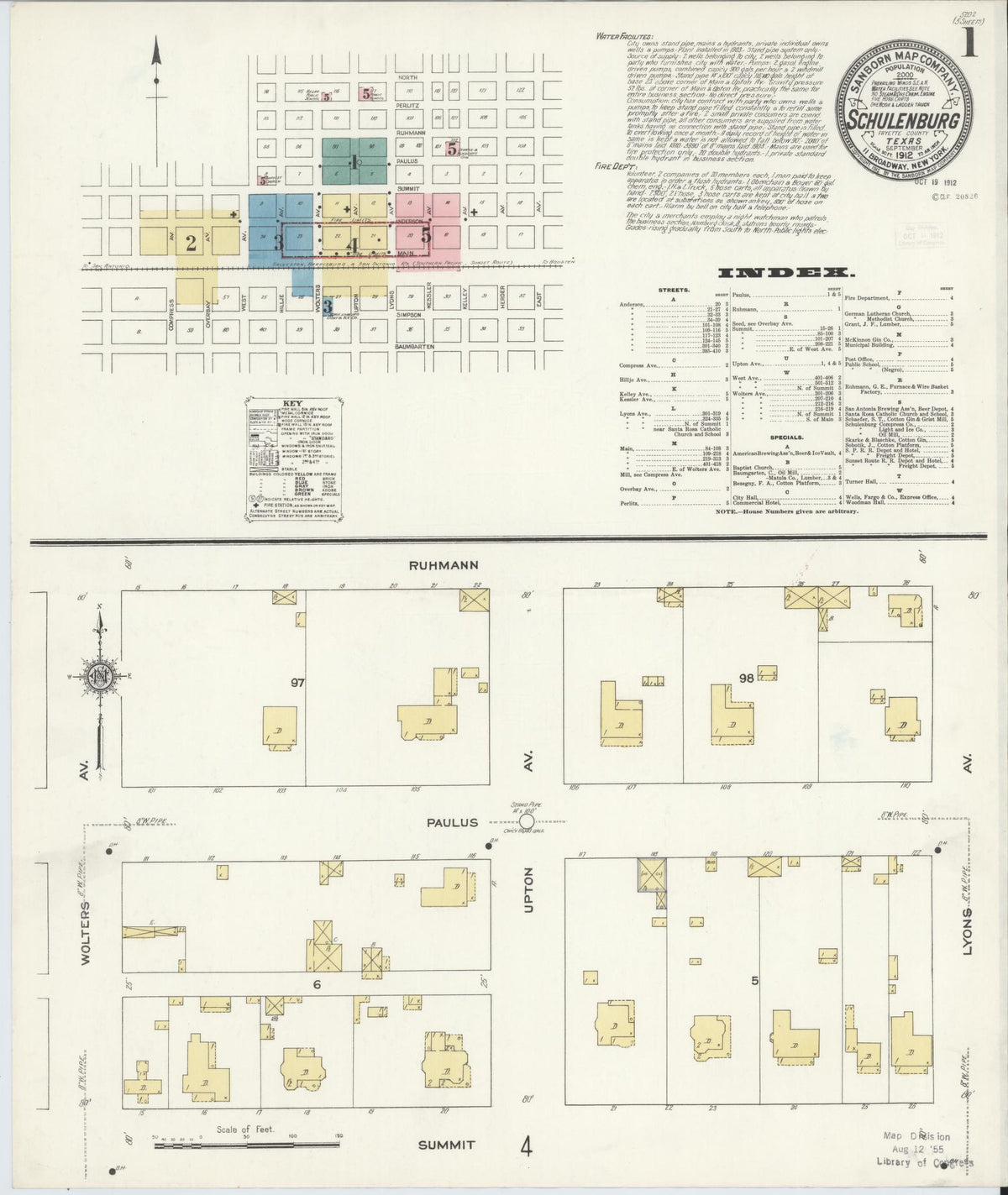 Sanborn Fire Insurance Map from Schulenburg, Fayette County, Texas (1912), Sheet #0001 - Historic Sanborn Fire Insurance Map Print, vintage old map wall art, antique decor, genealogy gift, Texas Texas map