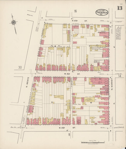 Sanborn Fire Insurance Map from Frederick, Frederick County, Maryland (1922), Sheet #0013 - Historic Sanborn Fire Insurance Map Print, vintage old map wall art