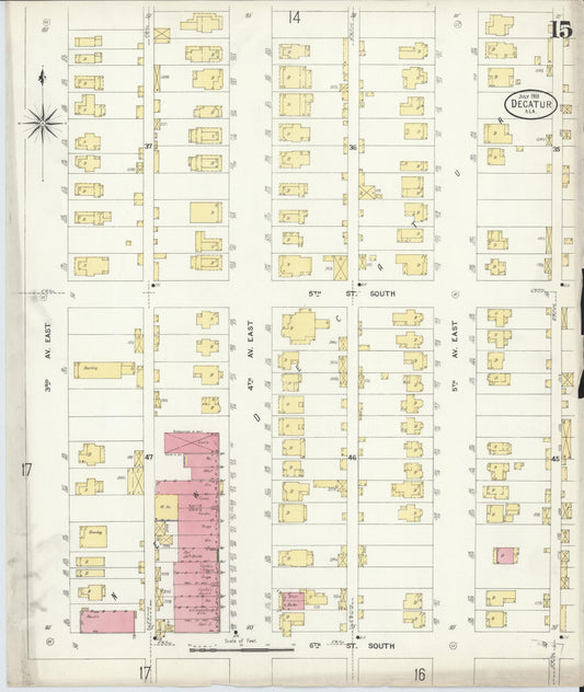 Sanborn Fire Insurance Map from Decatur, Morgan County, Alabama (1908), Sheet #0015 - Historic Sanborn Fire Insurance Map Print, vintage old map wall art, antique decor, genealogy gift, Alabama Alabama map