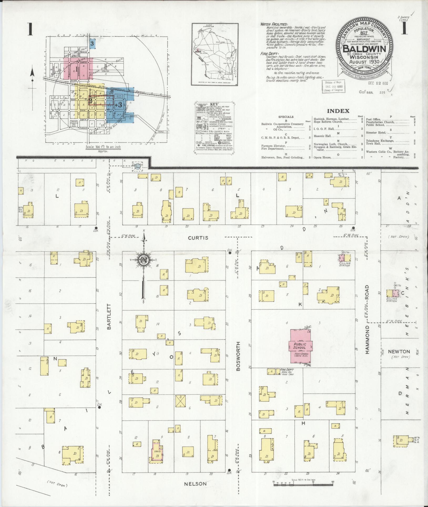 Sanborn Fire Insurance Map from Baldwin, St. Croix County, Wisconsin (1930), Sheet #0001 - Historic Sanborn Fire Insurance Map Print, vintage old map wall art, antique decor, genealogy gift, Wisconsin Wisconsin map