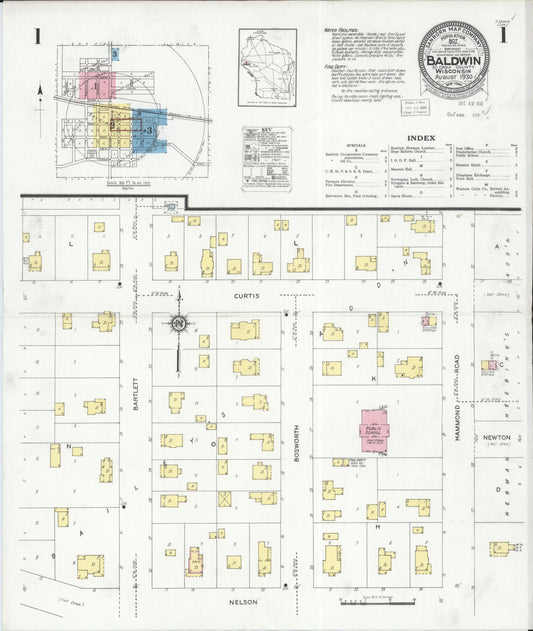 Sanborn Fire Insurance Map from Baldwin, St. Croix County, Wisconsin (1930), Sheet #0001 - Historic Sanborn Fire Insurance Map Print, vintage old map wall art, antique decor, genealogy gift, Wisconsin Wisconsin map