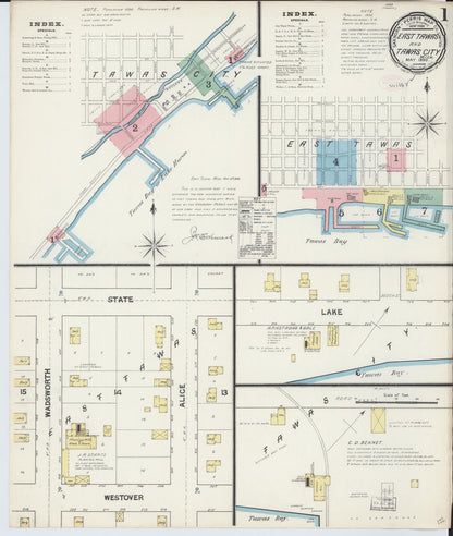 Sanborn Fire Insurance Map from East Tawas, Iosco County, Michigan (1890), Sheet #0001 - Historic Sanborn Fire Insurance Map Print, vintage old map wall art, antique decor, genealogy gift, Michigan Michigan map