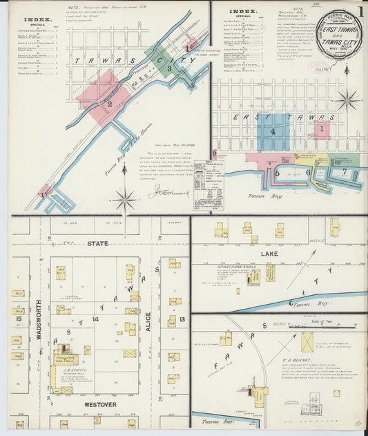 Sanborn Fire Insurance Map from East Tawas, Iosco County, Michigan (1890), Sheet #0001 - Historic Sanborn Fire Insurance Map Print, vintage old map wall art, antique decor, genealogy gift, Michigan Michigan map
