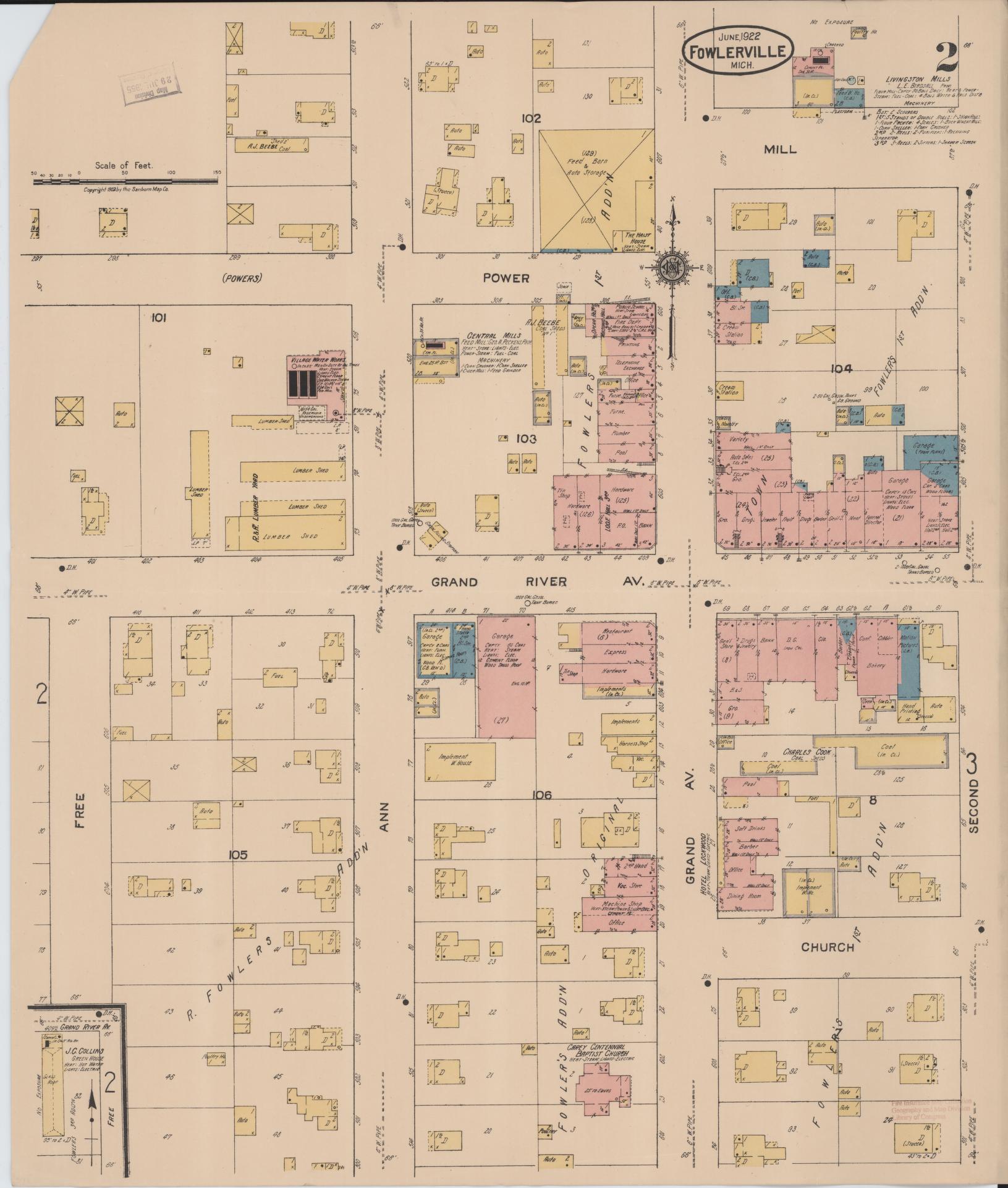 Sanborn Fire Insurance Map from Fowlerville, Livingston County, Michigan (1922), Sheet #0002 - Complete Map Set gallery image, historic Sanborn map, vintage wall art, Michigan Michigan