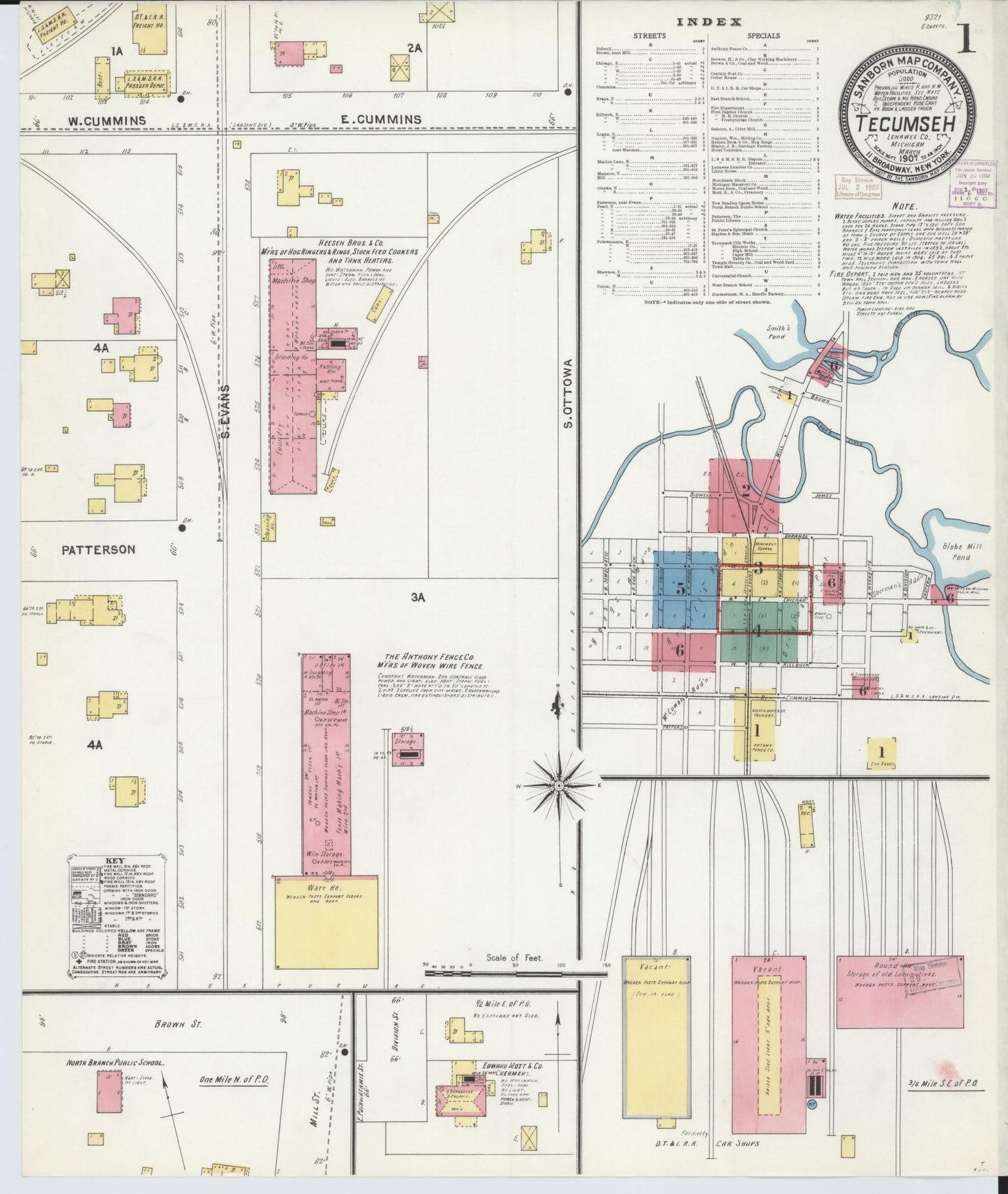 Sanborn Fire Insurance Map from Tecumseh, Lenawee County, Michigan (1907), Sheet #0001 - Complete Map Set gallery image, historic Sanborn map, vintage wall art, Michigan Michigan