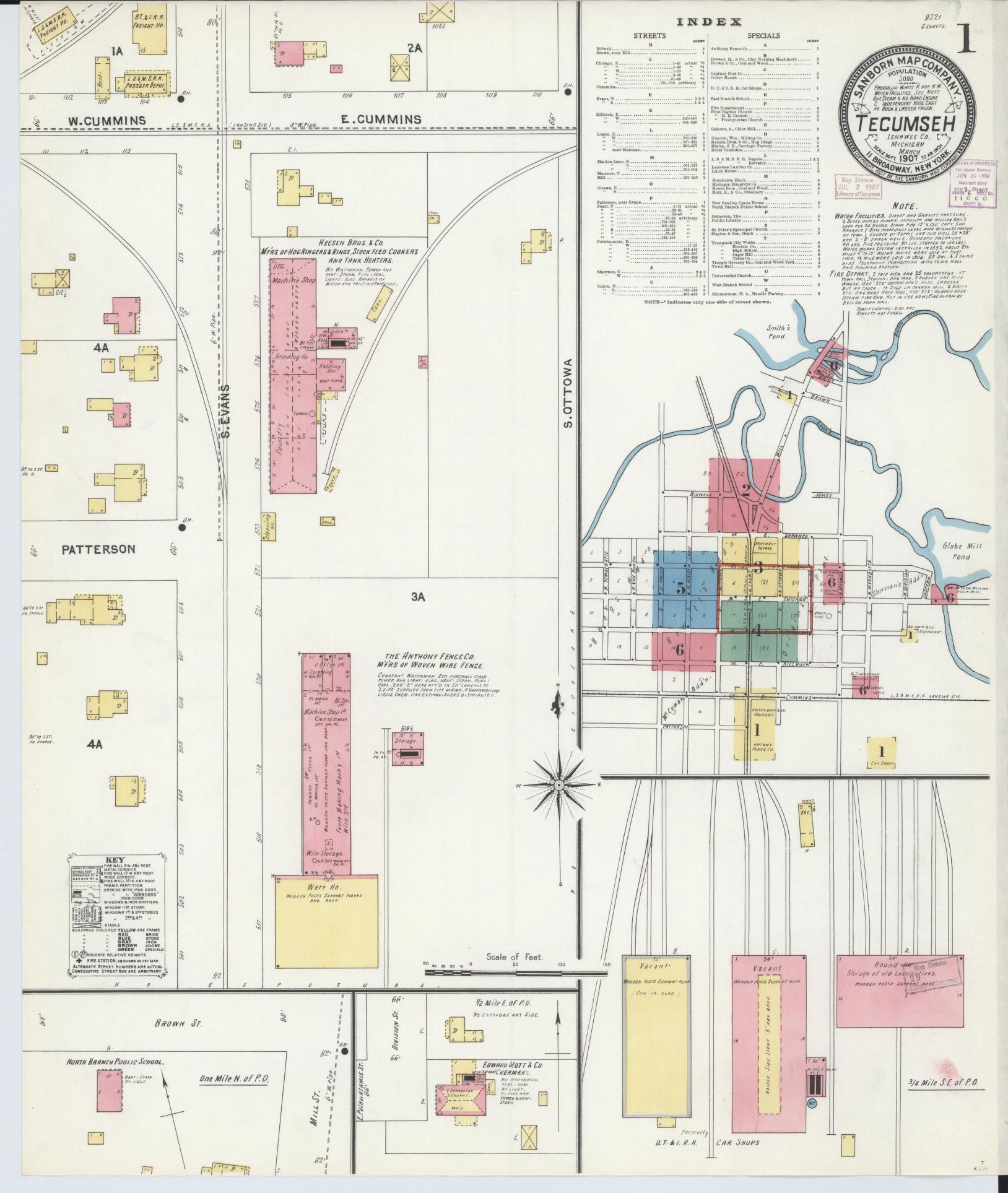 Sanborn Fire Insurance Map from Tecumseh, Lenawee County, Michigan (1907), Sheet #0001 - Complete Map Set gallery image, historic Sanborn map, vintage wall art, Michigan Michigan