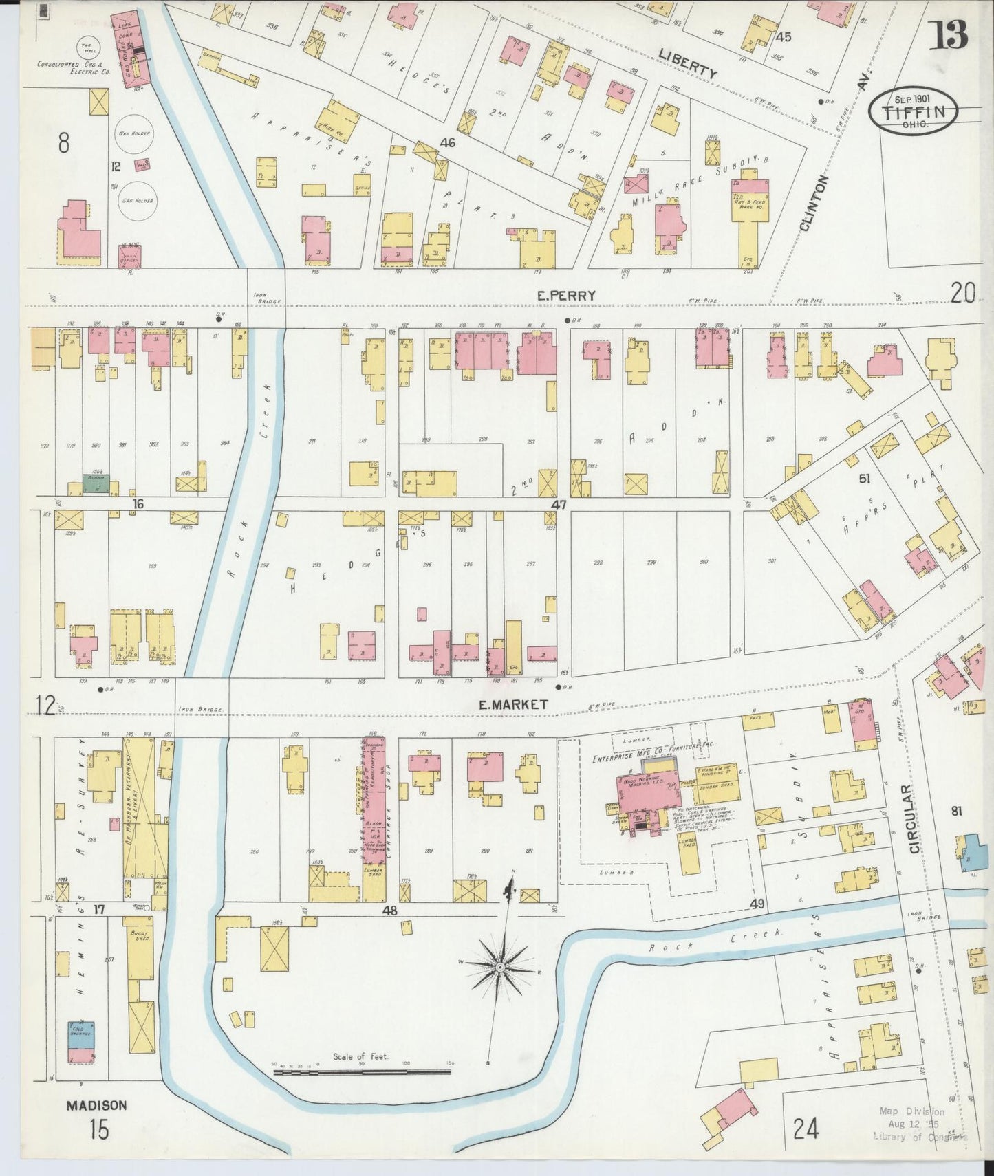 Sanborn Fire Insurance Map from Tiffin, Seneca County, Ohio (1901), Sheet #0013 - Historic Sanborn Fire Insurance Map Print, vintage old map wall art, antique decor, genealogy gift, Ohio Ohio map