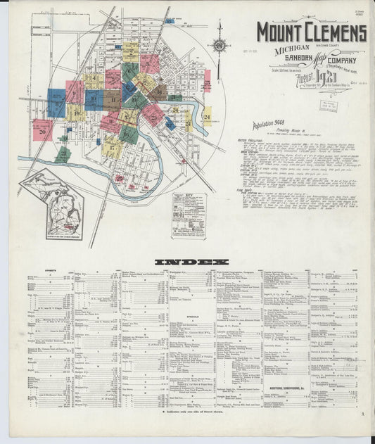 Sanborn Fire Insurance Map from Mount Clemens, Macomb County, Michigan (1921), Sheet #0001 - Historic Sanborn Fire Insurance Map Print, vintage old map wall art, antique decor, genealogy gift, Michigan Michigan map