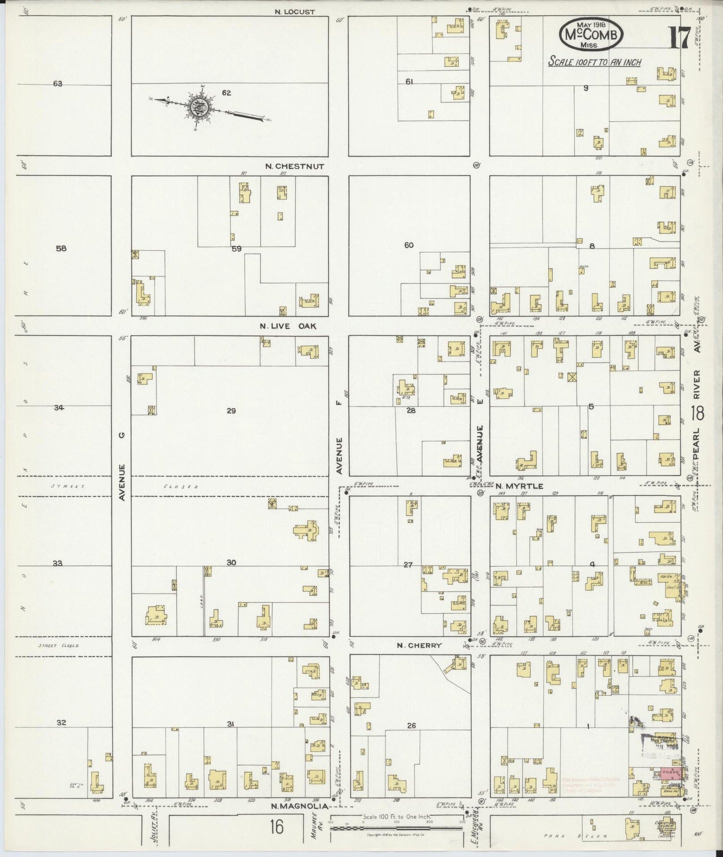 Sanborn Fire Insurance Map from McComb, Pike County, Mississippi (1918), Sheet #0017 - Historic Sanborn Fire Insurance Map Print, vintage old map wall art, antique decor, genealogy gift, Mississippi Mississippi map