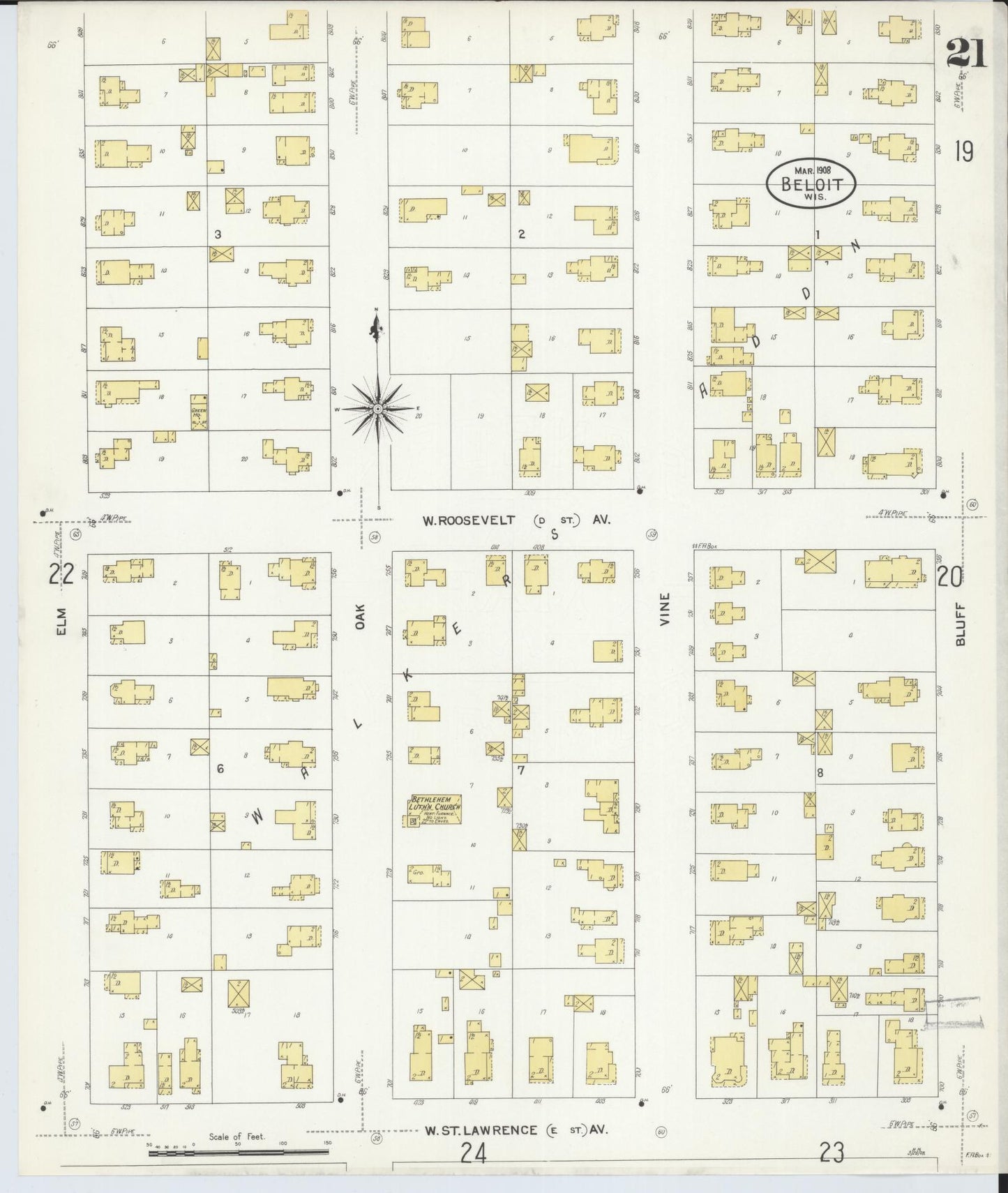 Sanborn Fire Insurance Map from Beloit, Rock County, Wisconsin (1908), Sheet #0021 - Complete Map Set gallery image, historic Sanborn map, vintage wall art, Wisconsin Wisconsin