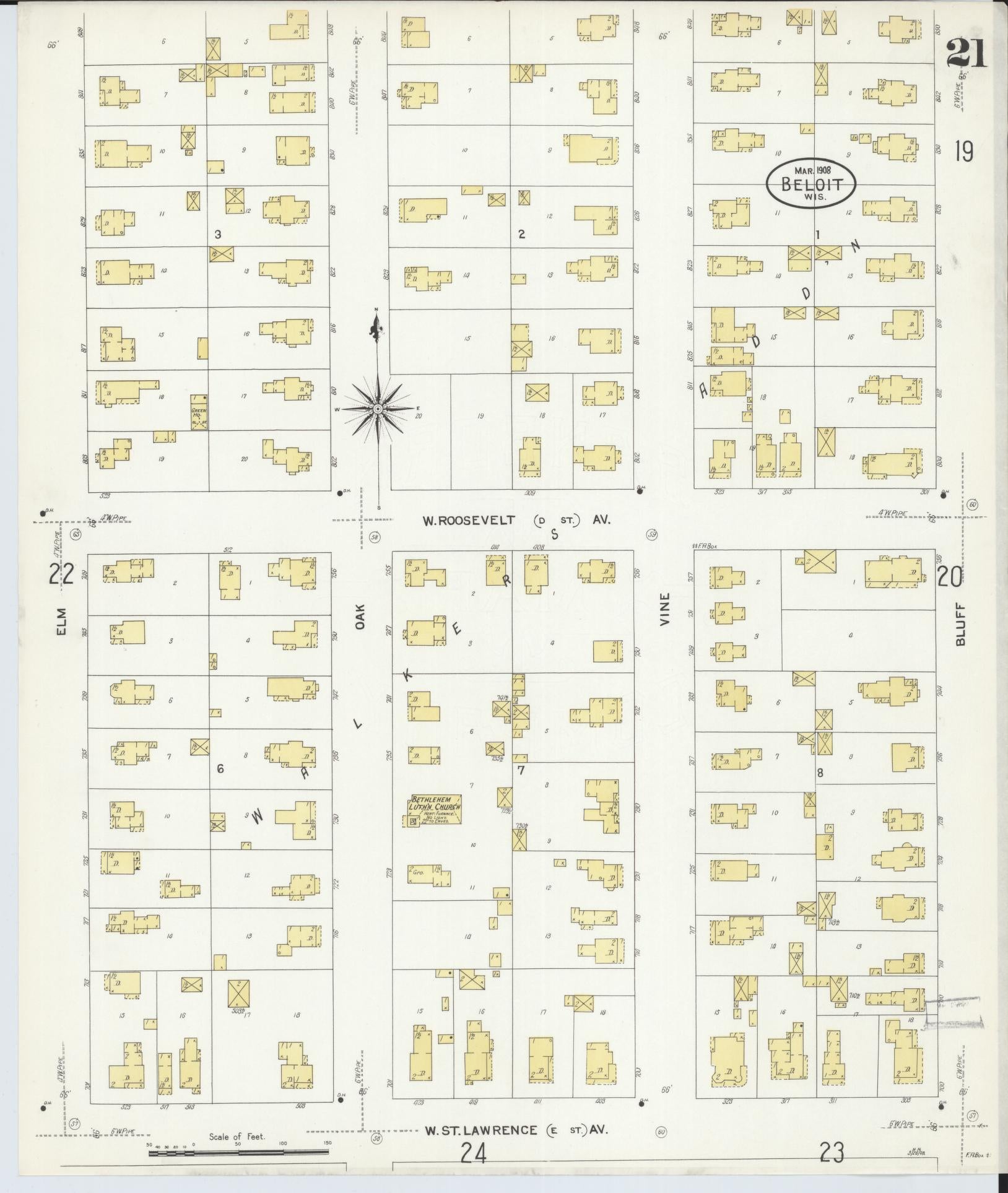 Sanborn Fire Insurance Map from Beloit, Rock County, Wisconsin (1908), Sheet #0021 - Complete Map Set gallery image, historic Sanborn map, vintage wall art, Wisconsin Wisconsin