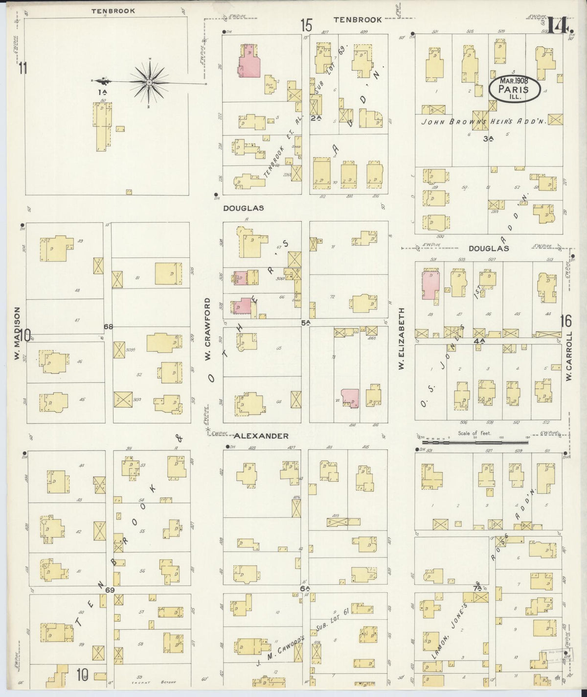 Sanborn Fire Insurance Map from Paris, Edgar County, Illinois (1908), Sheet #0014 - Historic Sanborn Fire Insurance Map Print, vintage old map wall art, antique decor, genealogy gift, Illinois Illinois map