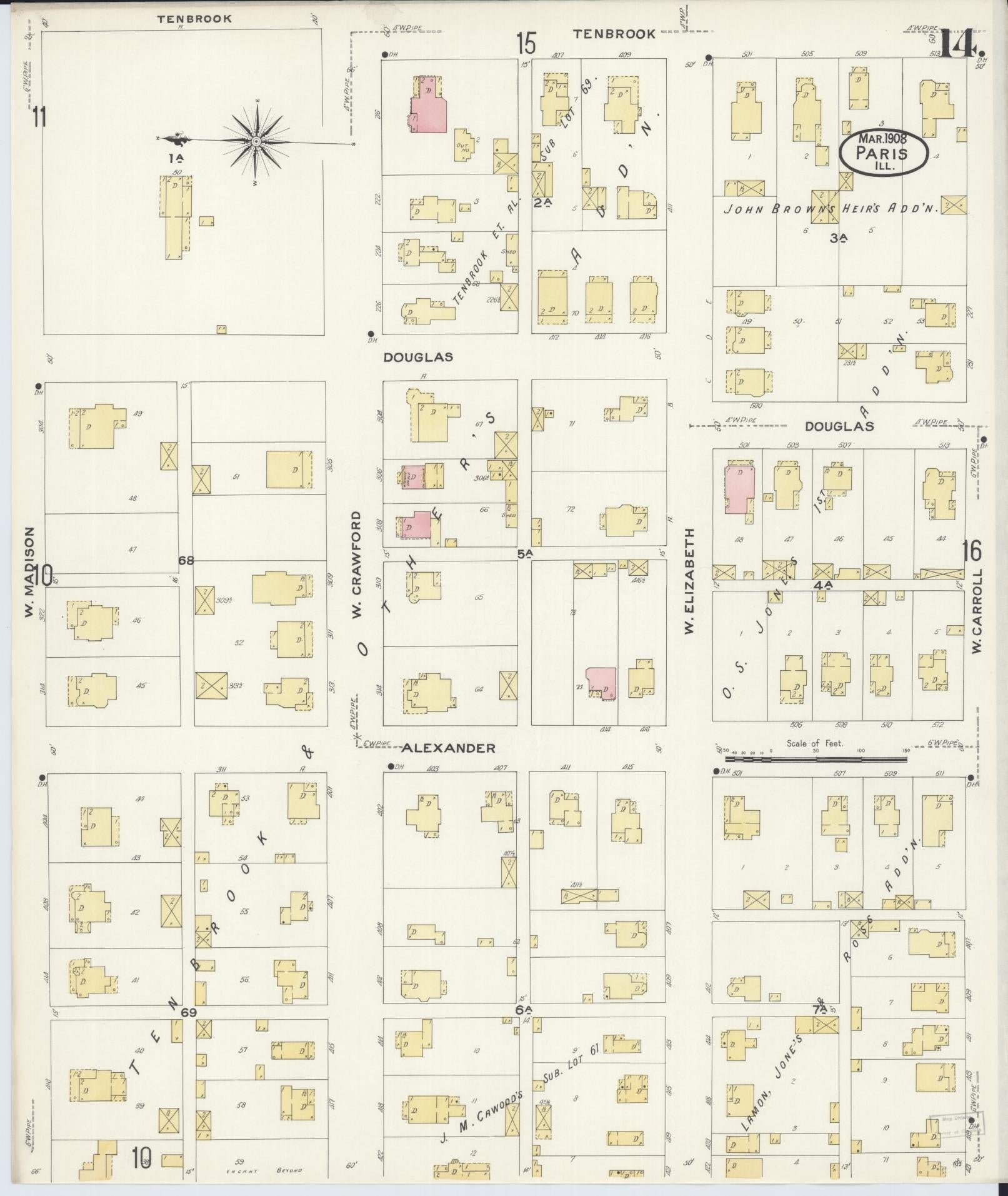 Sanborn Fire Insurance Map from Paris, Edgar County, Illinois (1908), Sheet #0014 - Historic Sanborn Fire Insurance Map Print, vintage old map wall art, antique decor, genealogy gift, Illinois Illinois map