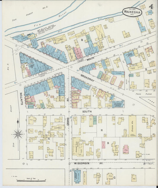 Sanborn Fire Insurance Map from Waukesha, Waukesha County, Wisconsin (1890), Sheet #0004 - Historic Sanborn Fire Insurance Map Print, vintage old map wall art, antique decor, genealogy gift, Wisconsin Wisconsin map
