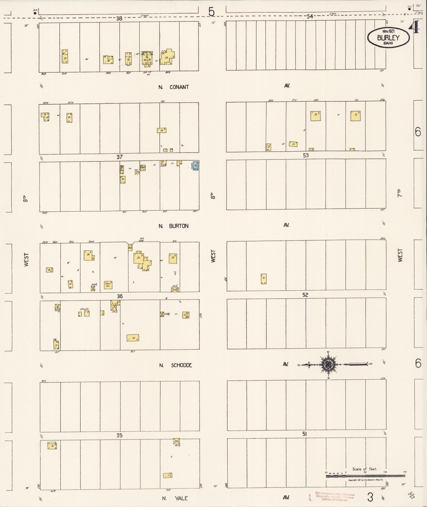 Sanborn Fire Insurance Map from Burley, Cassia County, Idaho (1921), Sheet #0004 - Complete Map Set gallery image, historic Sanborn map, vintage wall art, Idaho Idaho