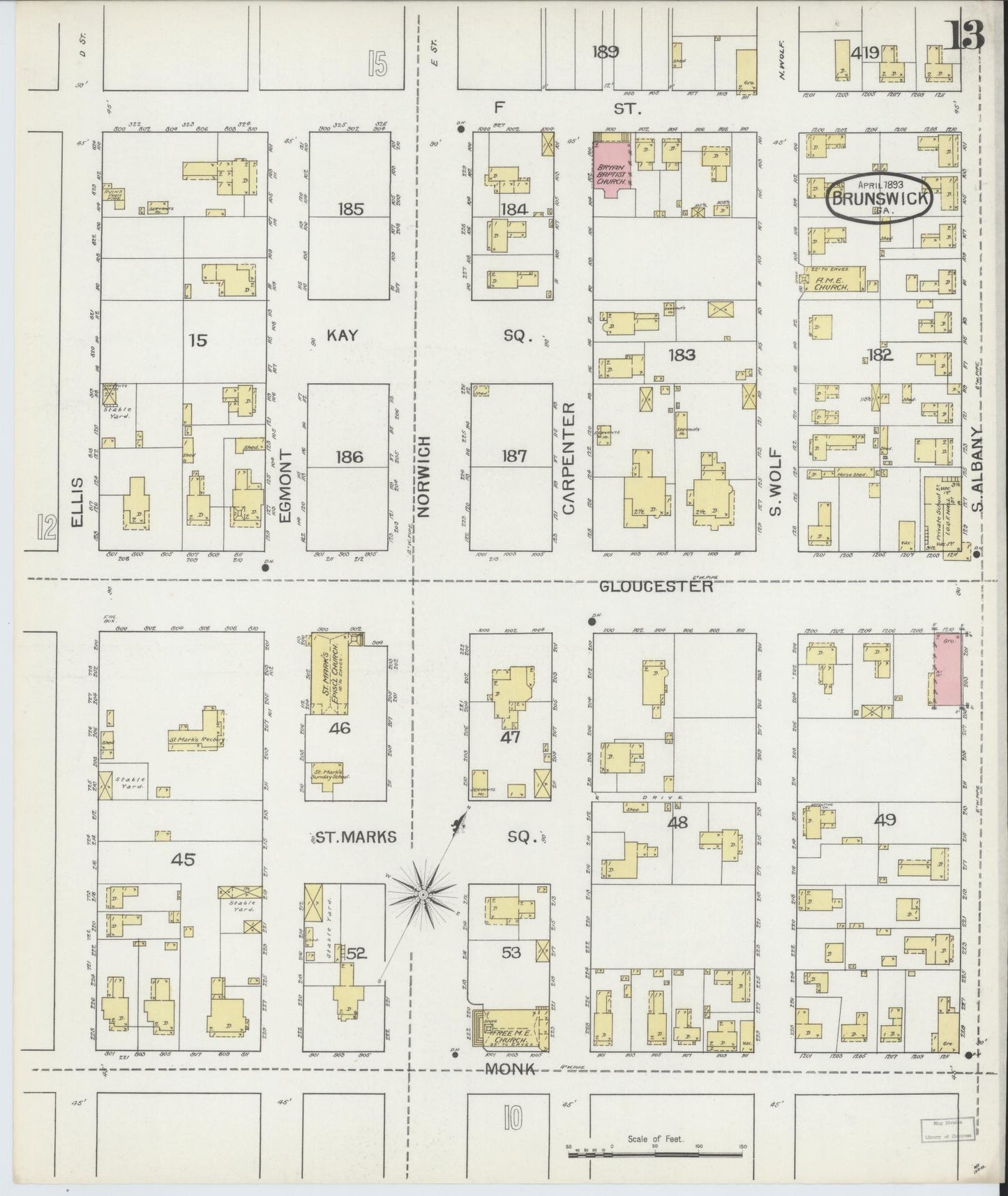 Sanborn Fire Insurance Map from Brunswick, Glynn County, Georgia (1893), Sheet #0013 - Complete Map Set gallery image, historic Sanborn map, vintage wall art, Georgia Georgia