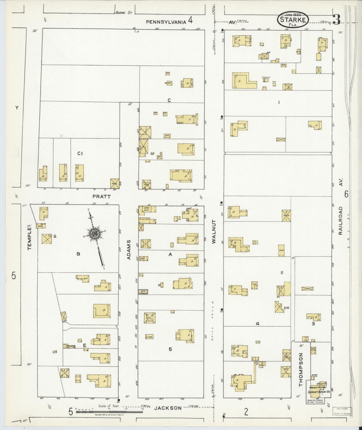 Sanborn Fire Insurance Map from Starke, Bradford County, Florida (1920), Sheet #0003 - Complete Map Set gallery image, historic Sanborn map, vintage wall art, Florida Florida