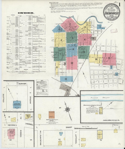 Sanborn Fire Insurance Map from Brownwood, Brown County, Texas (1909), Sheet #0001 - Historic Sanborn Fire Insurance Map Print, vintage old map wall art, antique decor, genealogy gift, Texas Texas map