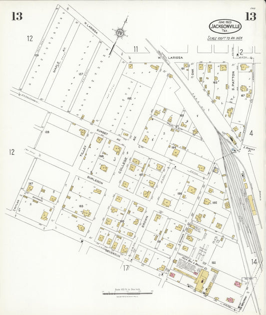 Sanborn Fire Insurance Map from Jacksonville, Cherokee County, Texas (1923), Sheet #0013 - Historic Sanborn Fire Insurance Map Print, vintage old map wall art, antique decor, genealogy gift, Texas Texas map