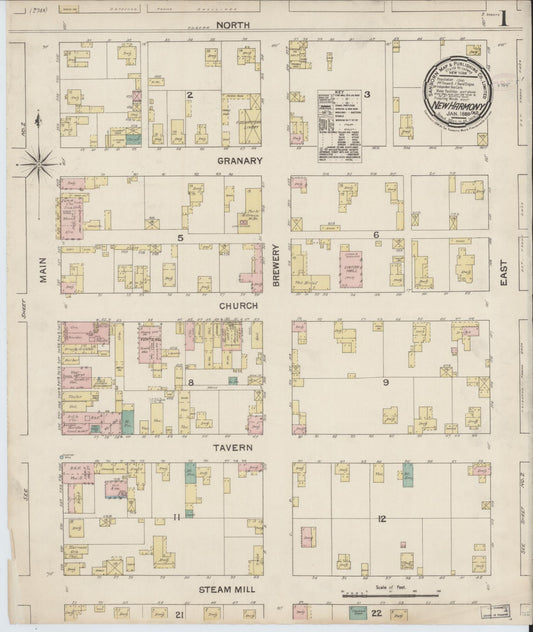 Sanborn Fire Insurance Map from New Harmony, Posey County, Indiana (1888), Sheet #0001 - Complete Map Set gallery image, historic Sanborn map, vintage wall art, Indiana Indiana