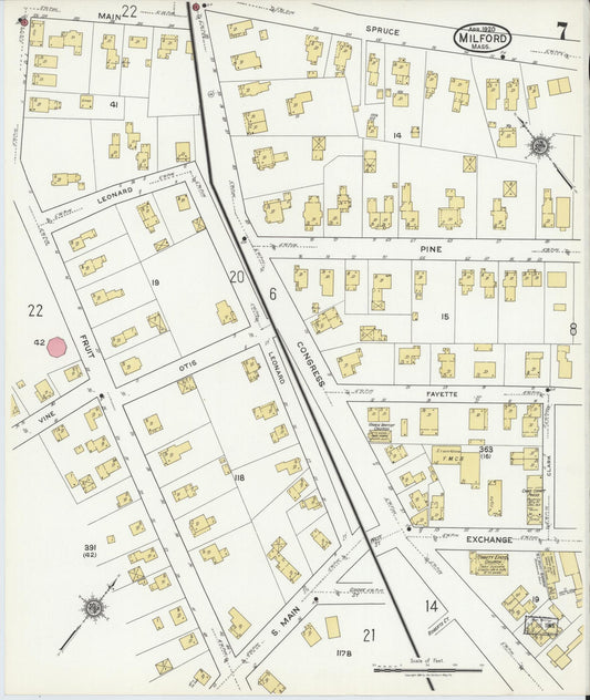 Sanborn Fire Insurance Map from Milford, Worcester County, Massachusetts (1920), Sheet #0007 - Historic Sanborn Fire Insurance Map Print, vintage old map wall art, antique decor, genealogy gift, Massachusetts Massachusetts map