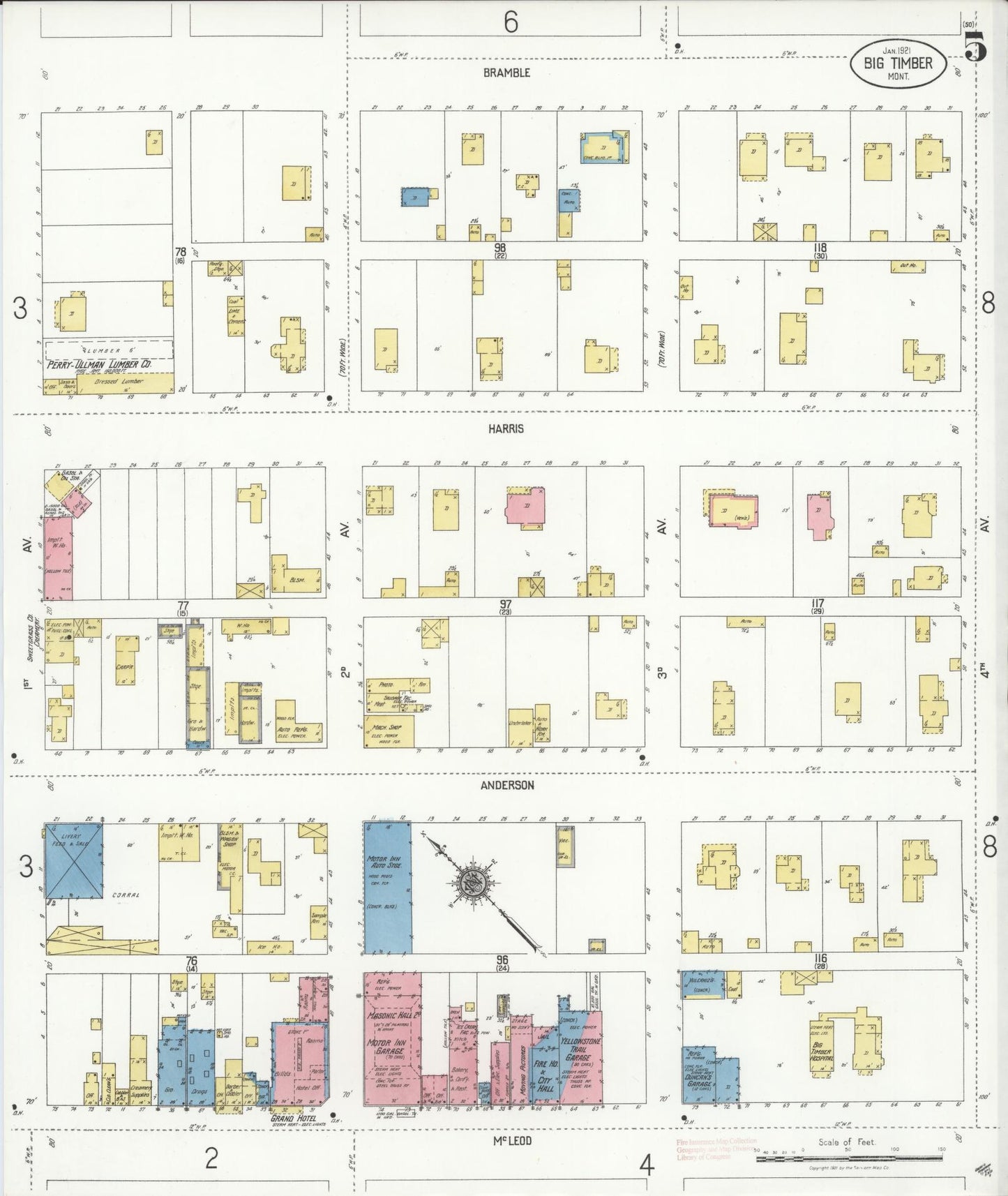 Sanborn Fire Insurance Map from Big Timber, Sweet Grass County, Montana (1921), Sheet #0005 - Historic Sanborn Fire Insurance Map Print, vintage old map wall art, antique decor, genealogy gift, Montana Montana map