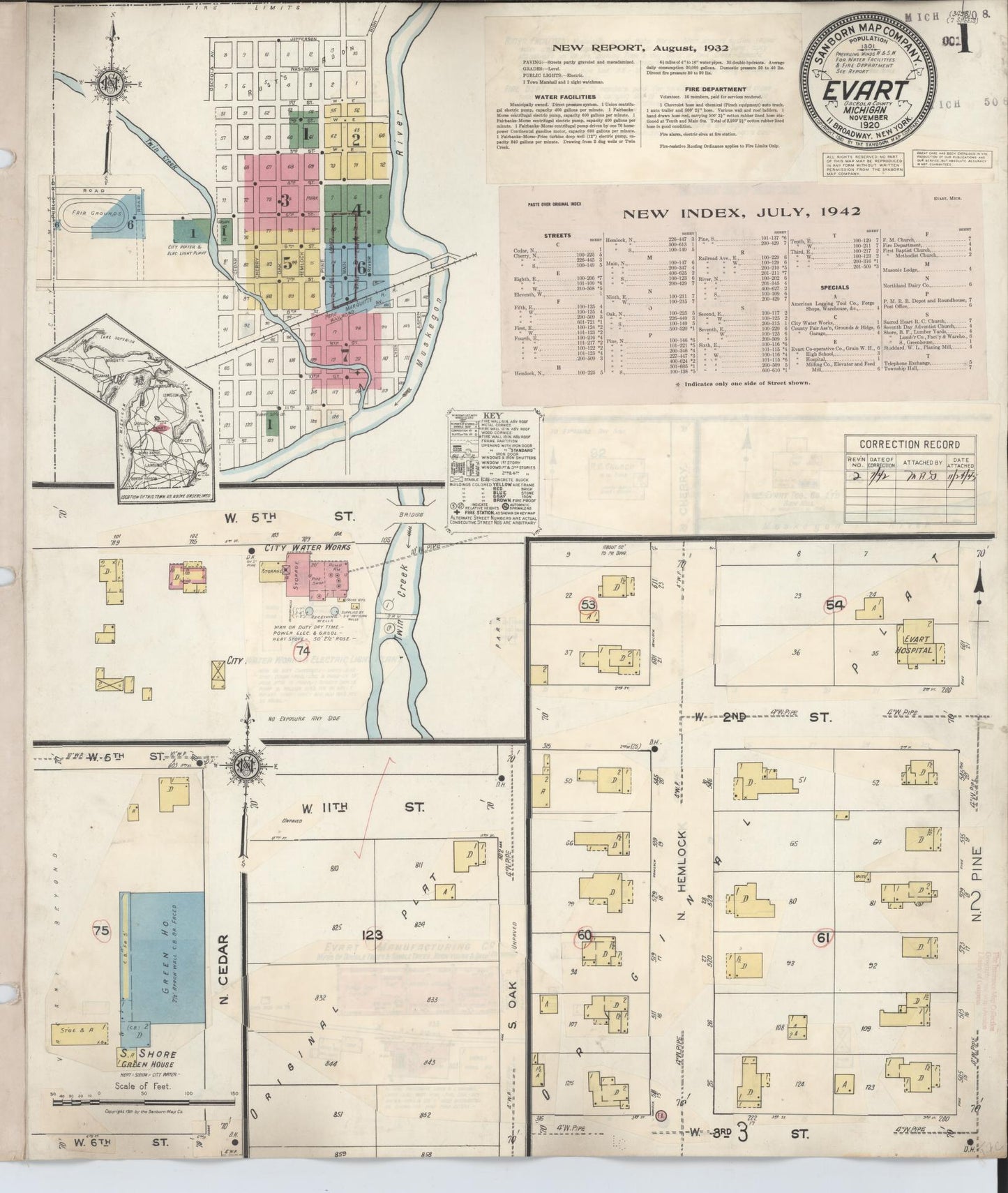 Sanborn Fire Insurance Map from Evart, Osceola County, Michigan (1942), Sheet #0001 - Historic Sanborn Fire Insurance Map Print, vintage old map wall art, antique decor, genealogy gift, Michigan Michigan map