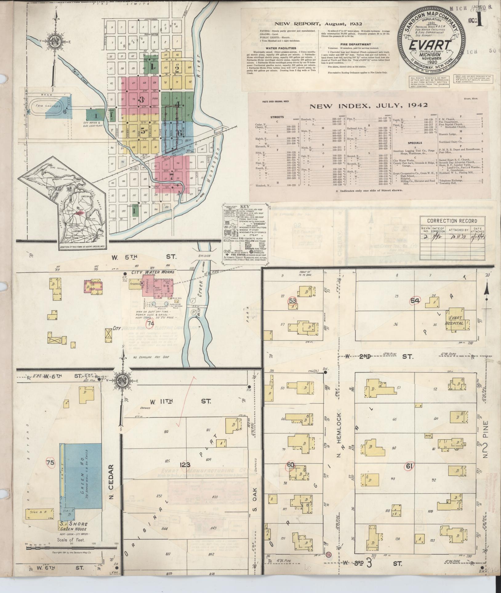 Sanborn Fire Insurance Map from Evart, Osceola County, Michigan (1942), Sheet #0001 - Historic Sanborn Fire Insurance Map Print, vintage old map wall art, antique decor, genealogy gift, Michigan Michigan map
