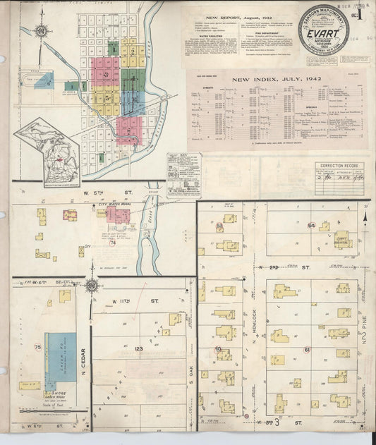 Sanborn Fire Insurance Map from Evart, Osceola County, Michigan (1942), Sheet #0001 - Historic Sanborn Fire Insurance Map Print, vintage old map wall art, antique decor, genealogy gift, Michigan Michigan map