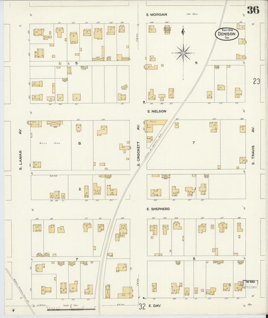 Sanborn Fire Insurance Map from Denison, Grayson County, Texas (1908), Sheet #0036 - Historic Sanborn Fire Insurance Map Print, vintage old map wall art, antique decor, genealogy gift, Texas Texas map