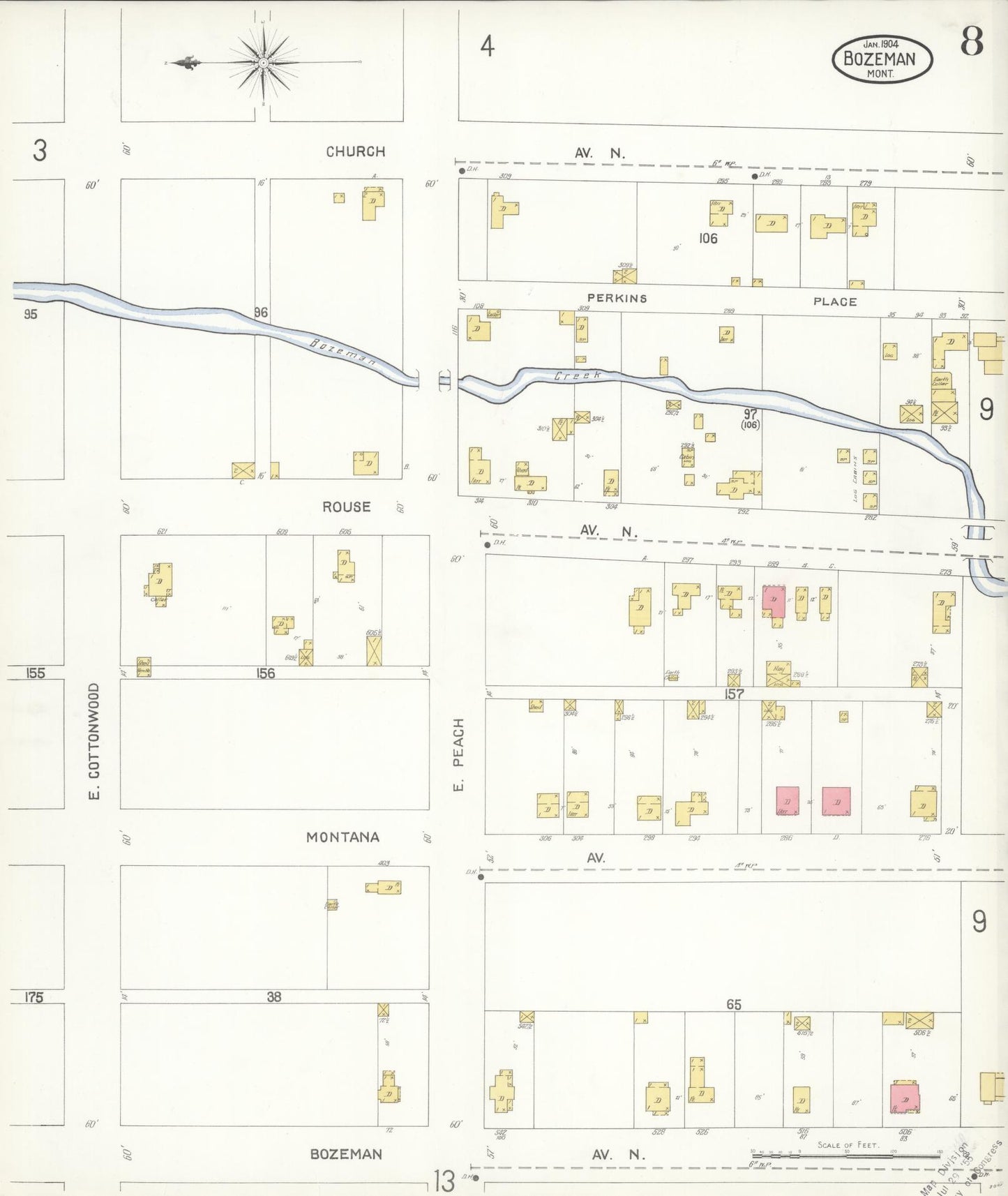 Sanborn Fire Insurance Map from Bozeman, Gallatin County, Montana (1904), Sheet #0008 - Complete Map Set gallery image, historic Sanborn map, vintage wall art, Montana Montana