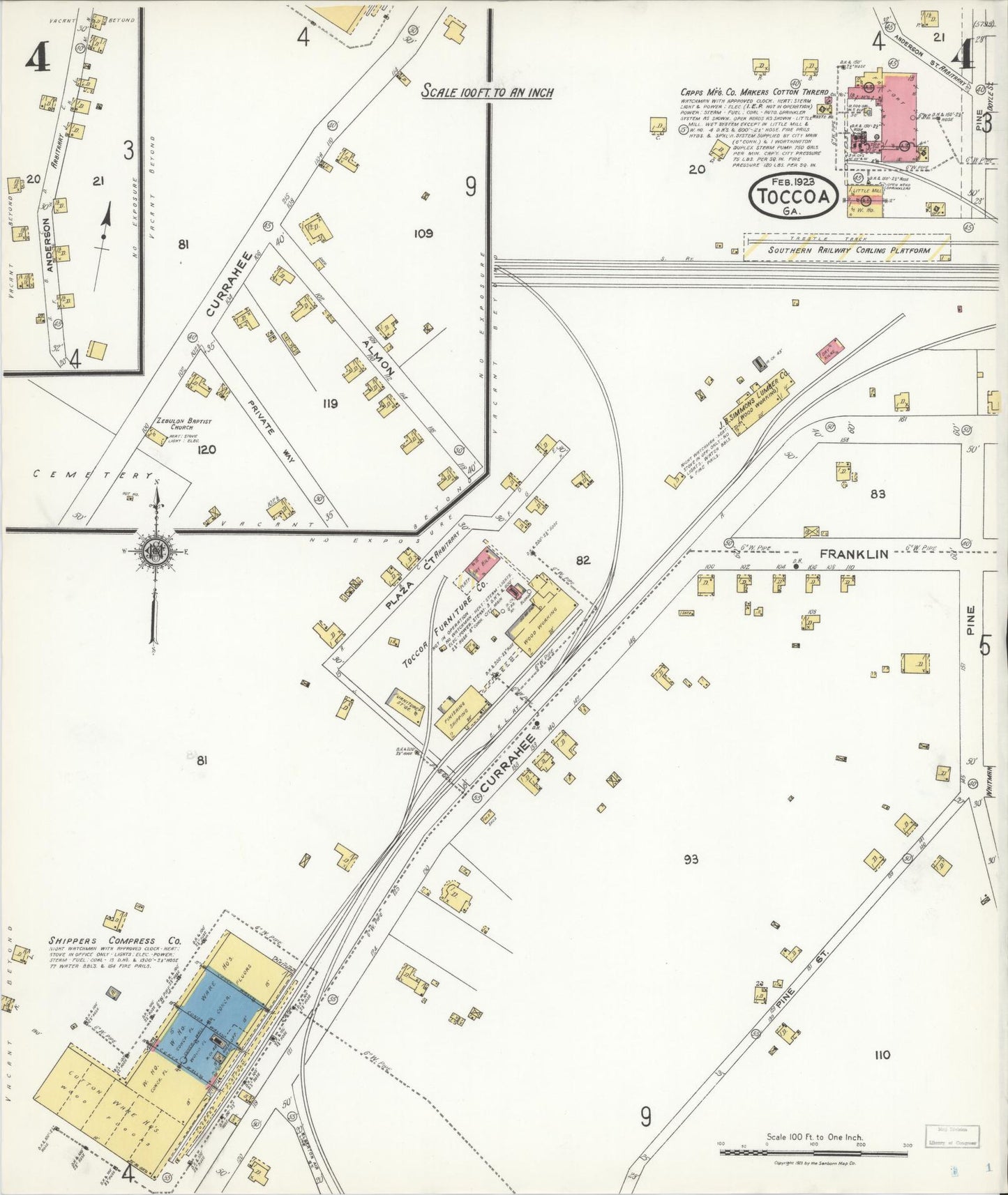 Sanborn Fire Insurance Map from Toccoa, Stephens County, Georgia (1923), Sheet #0004 - Historic Sanborn Fire Insurance Map Print, vintage old map wall art, antique decor, genealogy gift, Georgia Georgia map