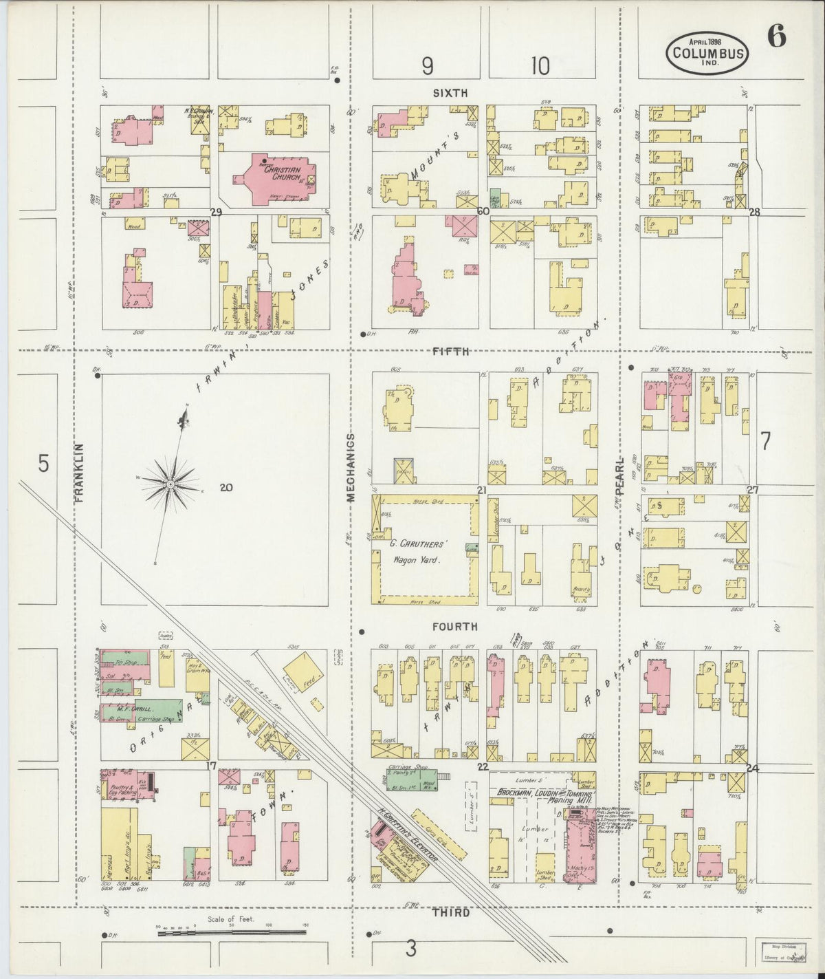 Sanborn Fire Insurance Map from Columbus, Bartholomew County, Indiana (1898), Sheet #0006 - Historic Sanborn Fire Insurance Map Print, vintage old map wall art, antique decor, genealogy gift, Indiana Indiana map
