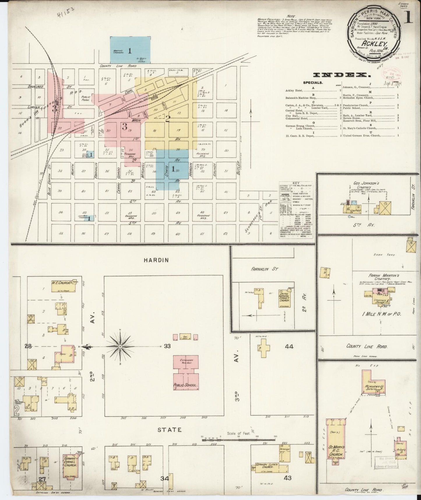Sanborn Fire Insurance Map from Ackley, Hardin and Franklin Counties, Iowa (1894), Sheet #0001 - Historic Sanborn Fire Insurance Map Print, vintage old map wall art